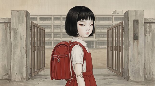 Upper body of a schoolgirl ball-jointed doll with randoseru backpack standing in front of an open school gate