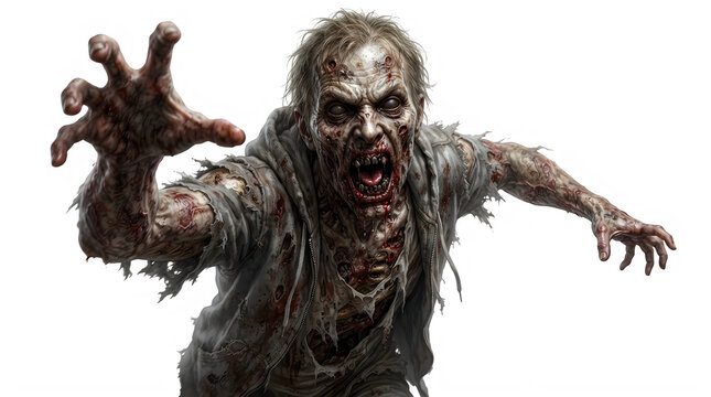 Terrifying bloody zombie reaching forward for a scary halloween theme isolated on transparent background