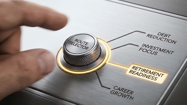 Retirement readiness concept featuring hand turning metallic route selector knob on control panel highlighting financial planning options including debt reduction investment focus and career growth