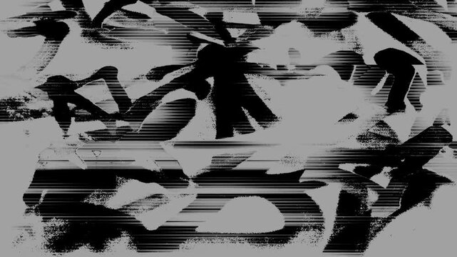 Abstract black and white graffiti glitch background with horizontal scanline distortion scanning across a bright center. Looping digital noise texture suits an industrial techno VJ loop.