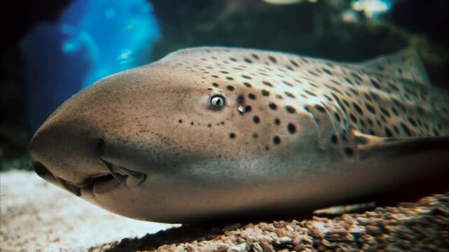 Zebra shark resting on sandy ocean floor in clear blue aquarium water close up view.