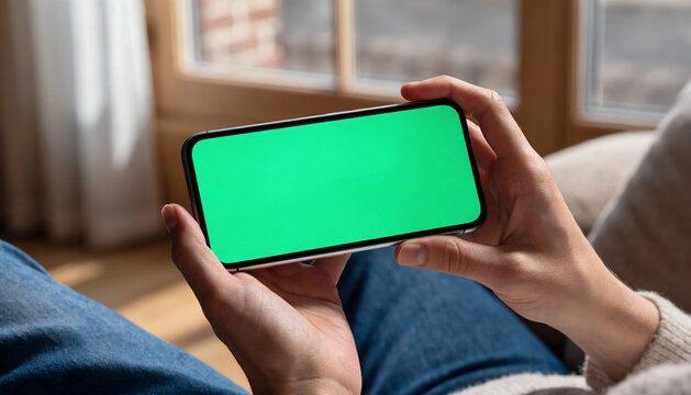 Hands holding a modern smartphone horizontally featuring a blank green chroma key display screen.