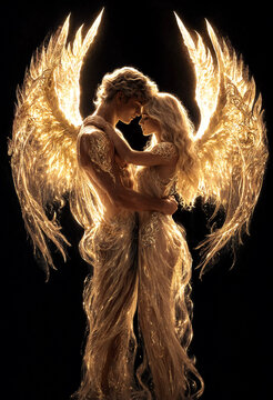 Romantic angelic couple embracing with glowing wings and golden robes in a divine light