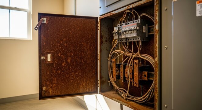Open electrical panel with rust showing wiring and circuit breakers in commercial space. Electrical panel is important for managing electrical systems and safety within buildings.