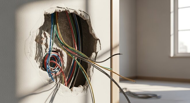 Open wall with electrical wires, showing hazard and construction details in a bright room. Electrical work includes exposed cables with various colors and a damaged wall,
