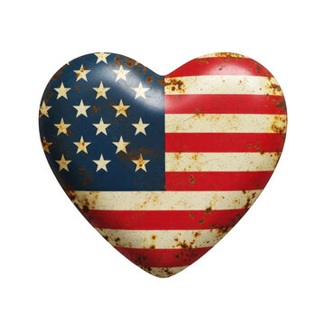 Rusty heart shape with american flag pattern isolated on transparent background