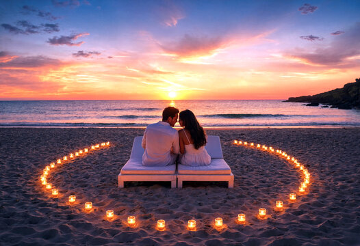 Romantic couple sitting on beach lounge chairs surrounded by candles at sunset by the ocean