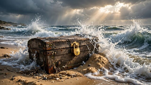 Antique treasure chest with gold lock washed ashore on stormy beach