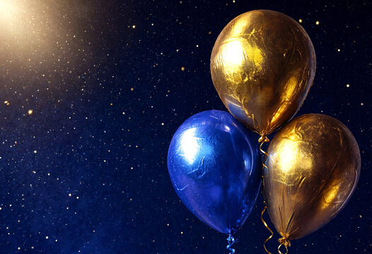 Shiny golden and blue foil balloons floating against a sparkling starry night sky background