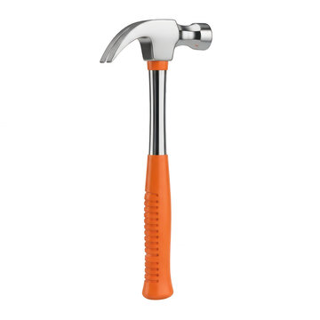Metal claw hammer with a bright orange rubber handle isolated on transparent background