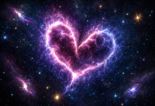 Stunning cosmic heartshaped nebula glowing with vibrant pink and purple colors in deep space