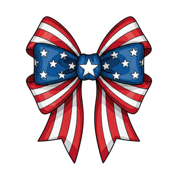 American flag ribbon bow with red white and blue stars isolated on transparent background