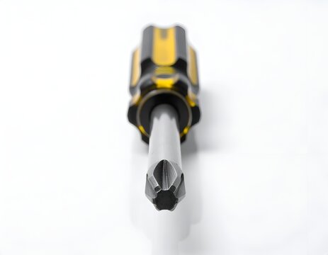 Yellow and black phillips head screwdriver on white.