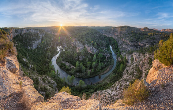 Canyon and river landscape at sunset in Hoz de San Vicente Spain
