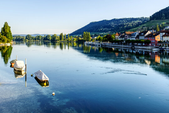 Nostalgic morning along the riverfront in historic Stein am Rhein