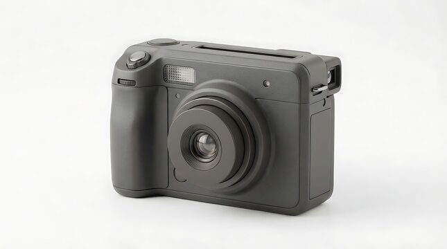 Modern black instant camera on plain white background.