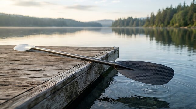 Wooden dock and canoe paddle on calm lake at sunrise.