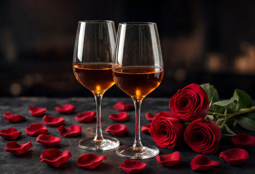 Two elegant wine glasses filled with golden wine beside red roses and petals on dark surface