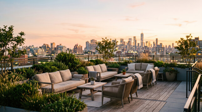 Rooftop patio lounge overlooking a city at sunset