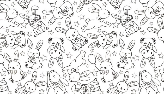 Cute hand drawn bunny rabbit seamless pattern with stars, seamless