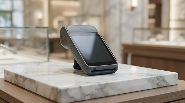 Modern smartphone on display in a luxury retail store.