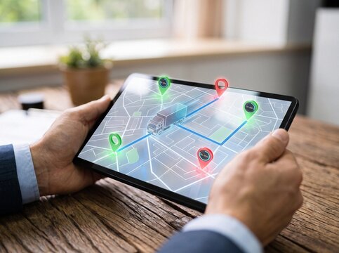 Close up of businessman hands holding tablet displaying 3D logistics map with delivery truck tracking route and digital location pins