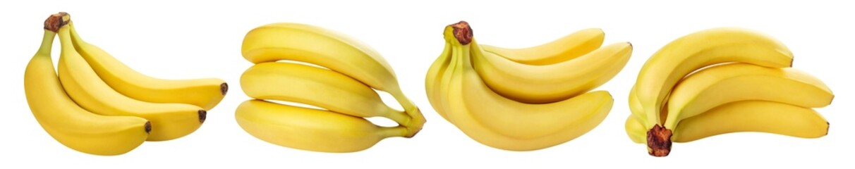Set of four ripe banana bunches shown from different angles, isolated on transparent cutout background © Yeti Studio