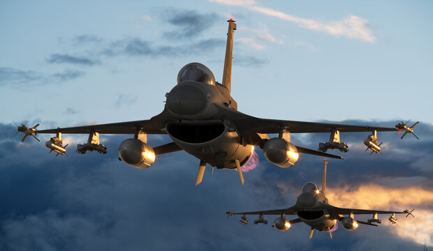 An F-16D multi-role fighter jet during a combat flight.3D rendering.	