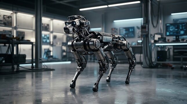 Futuristic robotic quadruped in a high-tech laboratory setting.