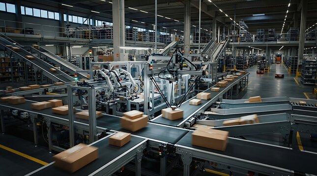 Modern automated warehouse with conveyor belts and robotic systems.