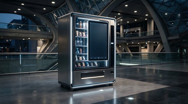 Modern vending machine in a sleek indoor public space.