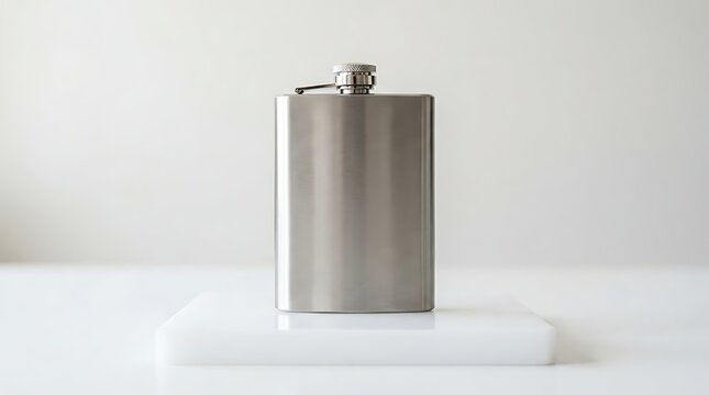 Stainless steel flask on white surface with soft lighting.