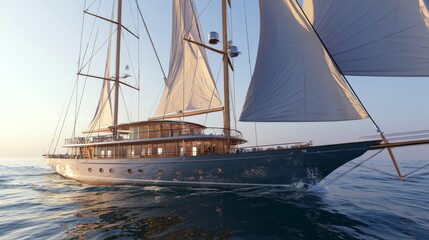 Fototapeta premium Elegant sailing yacht gliding smoothly over tranquil ocean waters at sunset, showcasing beautiful sails and luxurious wooden deck with a clear sky backdrop