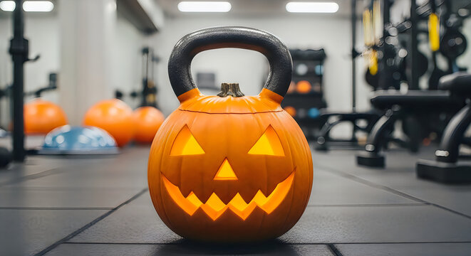Halloween kettlebell with jackolantern face in a modern gym setting