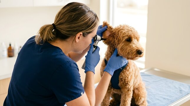 Female veterinarian checking golden retriever's ear health. Professional pet doctor performing routine canine ear examination in clinic.