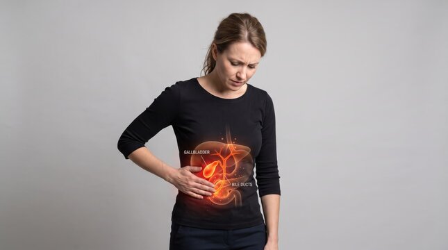 Woman suffering from abdominal pain holding stomach with medical overlay showing gallbladder and bile ducts anatomy, healthcare and digestive disease concept