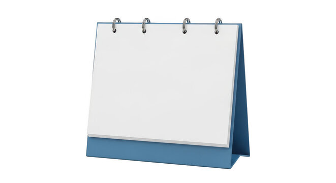 Blank desktop spiral calendar on a blue stand isolated on transparent background