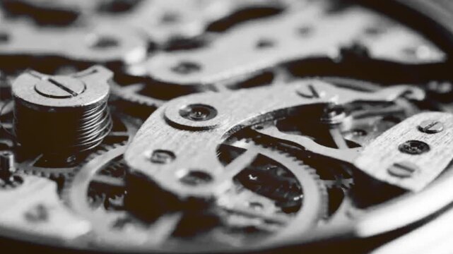 Clockwork mechanism of vintage pocket watch or wall clock working inside close up view with rotating gears and cogs, black and white footage.