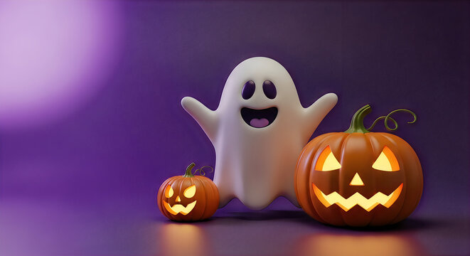 Playful ghost and jack o lanterns for halloween with a purple background