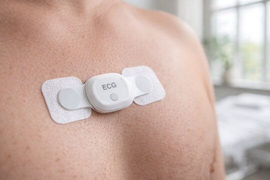 Close up ECG sensor on human chest for heart monitoring at home