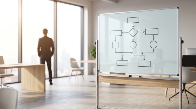 Blank flowchart diagram drawn on whiteboard in bright conference room, illustrating business process workflow planning and management strategy with silhouette of man looking out
