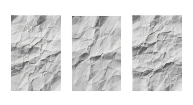 Three sets of crumpled white paper texture backgrounds isolated on transparent background