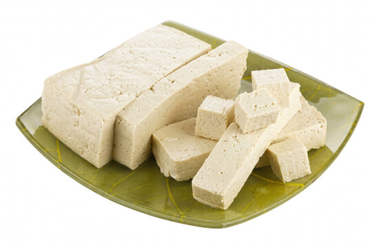 Fresh Firm Sliced Tofu Blocks and Cubes on Green Leaf Shaped Plate