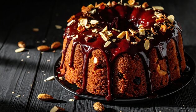 Delicious bundt cake covered in rich chocolate glaze and topped with crunchy almonds and nuts, presented on a dark wooden surface