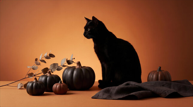 Elegant Black Cat Sitting Beside Minimalist Matte Pumpkins on Warm Orange Background Studio Halloween Festive Still Life Concept Sophisticated Fall Season Decorative Holiday Photography Composition