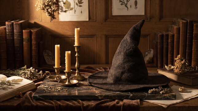 Mystical Wizard Hat Old Leather Texture Magical Library Antique Books Brass Candle Holders Dark Academia Aesthetic Witchcraft Sorcery Alchemy Theme Dark Moody Lighting Vintage Scholarly Desk Setup