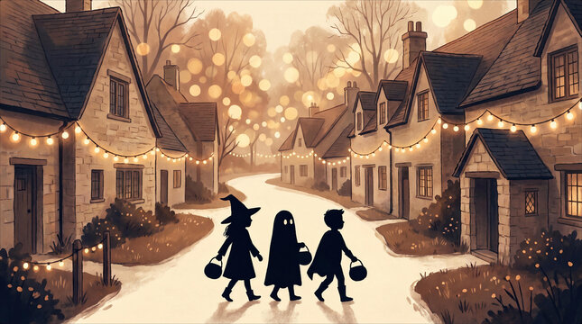 Charming Halloween Trick or Treaters Silhouettes Walking Down Cozy Cobblestone English Village Street Festive String Lights Warm Glowing Bokeh Autumn Evening Childhood Celebration Halloween Holiday