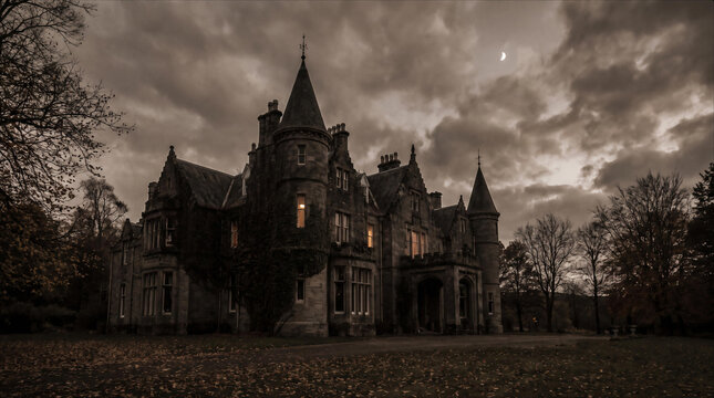 Eerie Gothic Manor House Under Moody Twilight Sky, Crescent Moon Dark Atmospheric Victorian Architecture Abandoned Estate Haunting Mystery Haunted Mansion Exterior Historical Scotland Stone Halloween