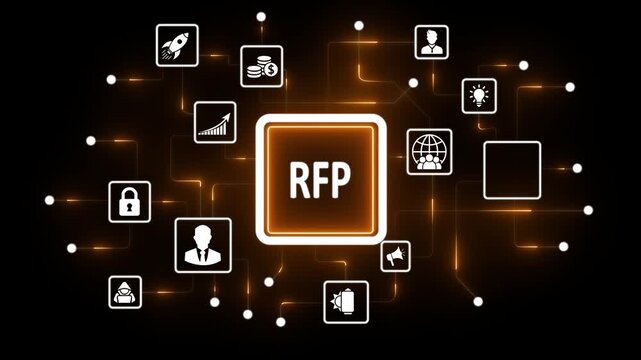 Request For Proposal RFP technology network with icons and glowing connections on black background