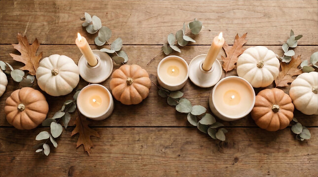Rustic Autumn Table Centerpiece Arrangement with Pumpkins Eucalyptus Leaves Candles Wooden Background Seasonal Thanksgiving Fall Decor Flat Lay Overhead View Cozy Home Interior, Halloween Haliday Fall